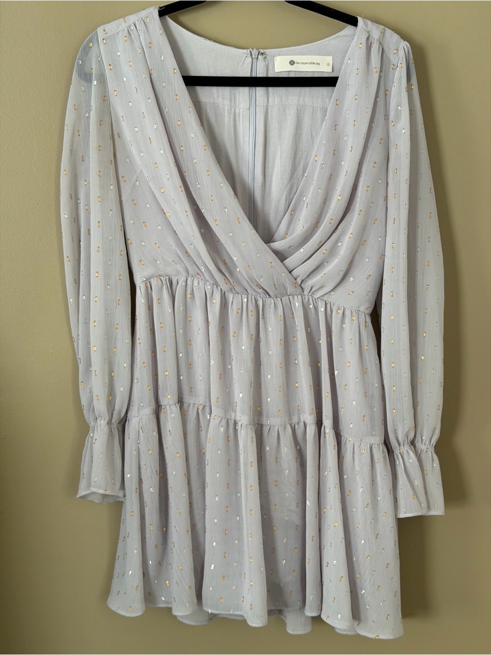 The Impeccable Pig Light Gray Chiffon Gold-Dot Wrap Tiered Mini Dress